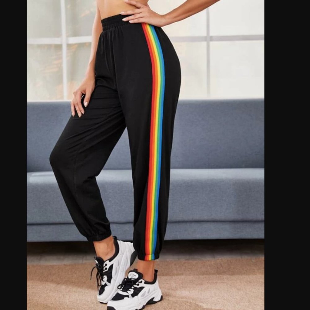 SHEIN Rainbow Side Stripe High Rise Jogger Sweatpants Black XS